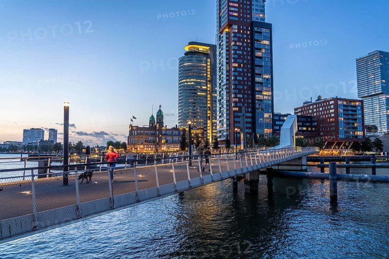 High-rise buildings at Kop van Zuid, at the Rijnhaven harbour basin, Rijnhavenbrug, bridge, Hotel New York, Rotterdam, Netherlands