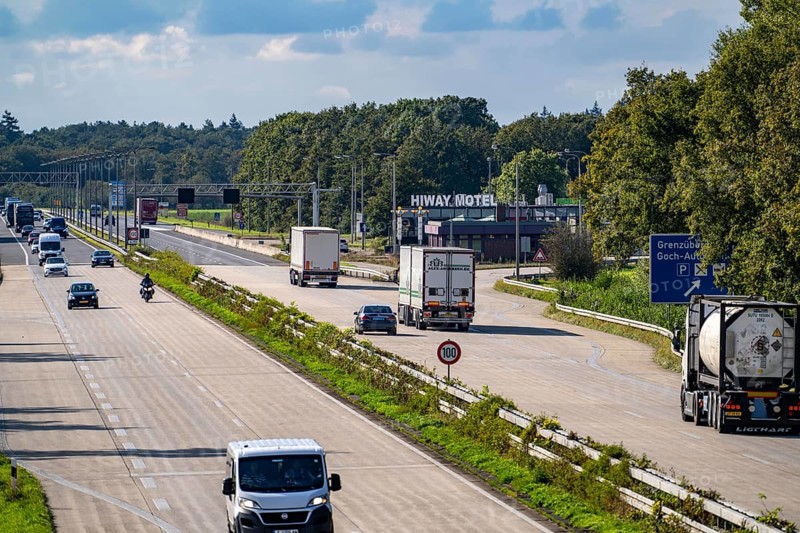 Goch border crossing, A57 motorway, from Germany to the Netherlands, little traffic, North Rhine-Westphalia, Germany, Europe