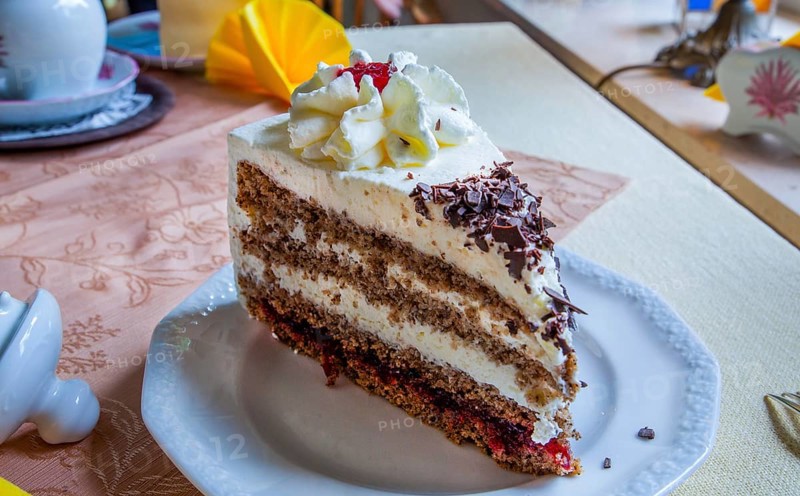 Traditional buckwheat cake at Cafe De Kaffeestuuv, Schneverdingen, Lüneburg Heath, Lower Saxony, Germany, Europe