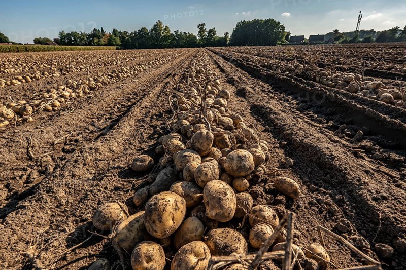 Potato harvest, Melodie variety, so-called split harvesting method, first the tubers are taken out of the ground with a row planter, then, after a short drying phase, collected and loaded with a bunker harvester, North Rhine-Westphalia, Germany, Europe