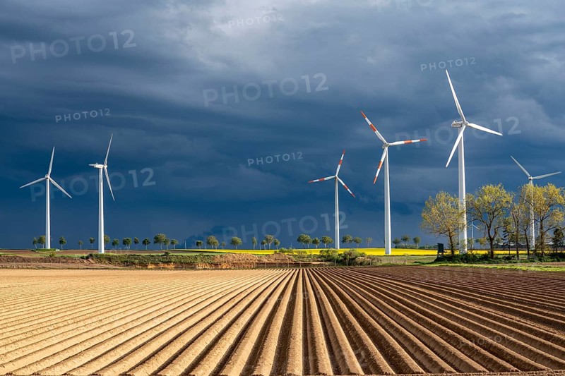 Wind turbines on a rape field, dark rain clouds, in the Rhenish lignite mining area, near Erkelenz-Holzweiler