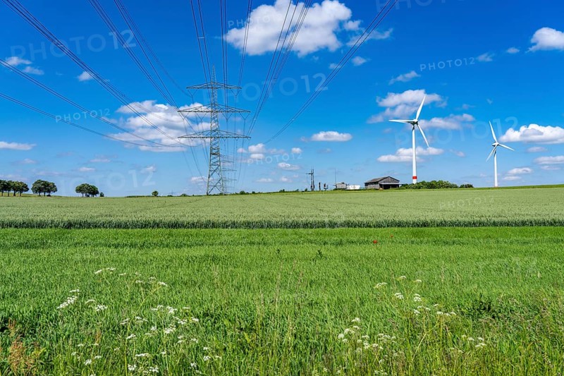 Wind farm near Brilon-Radlinghausen, high-voltage power lines, Sauerland, North Rhine-Westphalia, Germany, Europe