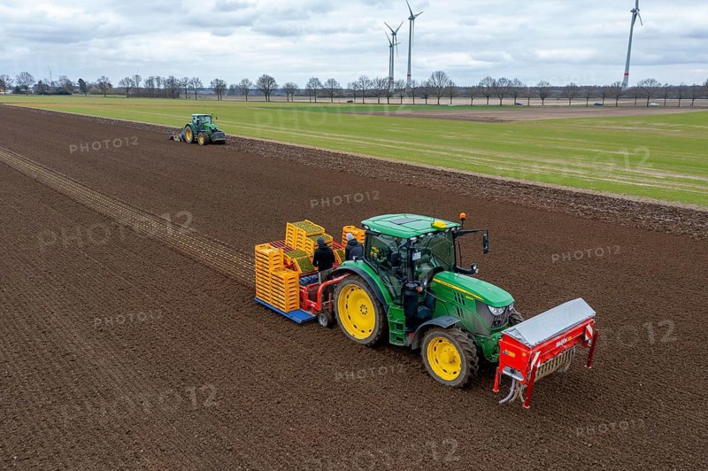 Lettuce plants are planted with a planting machine, tractor with roundabout harrow prepares the soil, agriculture, spring