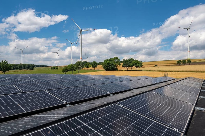 Wind farm near Lichtenau, Ostwestfalen-Lippe, a 100 kW solar power system was installed on the crane installation area in front of a wind turbine, as a trial, so the unused former construction site areas could be used for PV systems, North Rhine-Westphalia, Germany, Europe