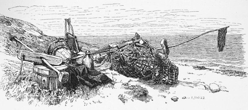 Eel trap on the beach, North Sea, shore, fishing, gear, eel, catch, net, barrel, flag, Germany, historical illustration 1880, Europe
