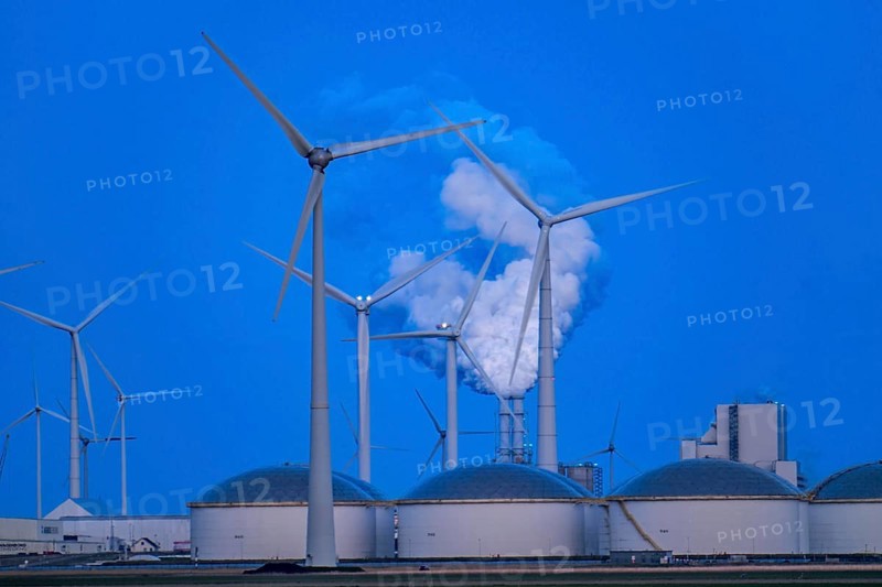 Vopak tank terminal in the industrial harbour of Eemshaven, RWE coal-fired power plant Eemshavencentrale, wind farm, Groningen, Netherlands