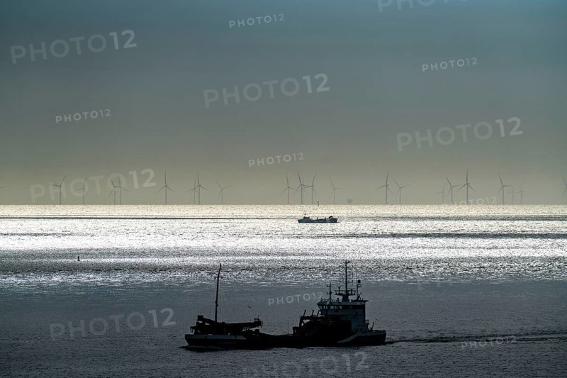 Shipping traffic off Zoutelande province of Zeeland, offshore wind farm, Walcheren peninsula, Netherlands
