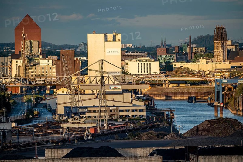 Duisburg harbours, Rheinkai Nord, outer harbour, behind the city centre with inner harbour, archive tower of the State Archive of North Rhine-Westphalia, on the Rhine, Duisburg, North Rhine-Westphalia, Germany, Europe