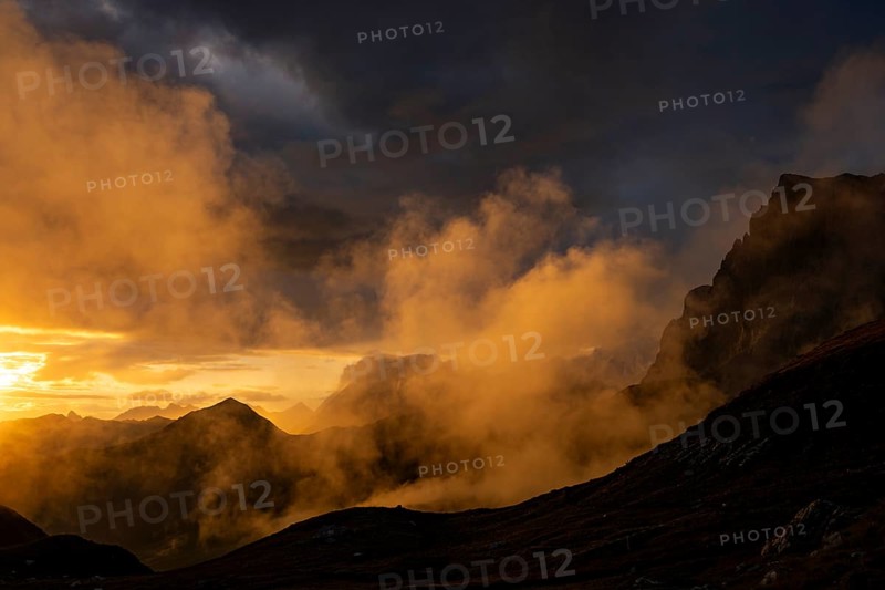 Montafon mountains with dramatic cloudy sky at sunset, Tschagguns, Rätikon, Montafon, Vorarlberg, Austria, Europe