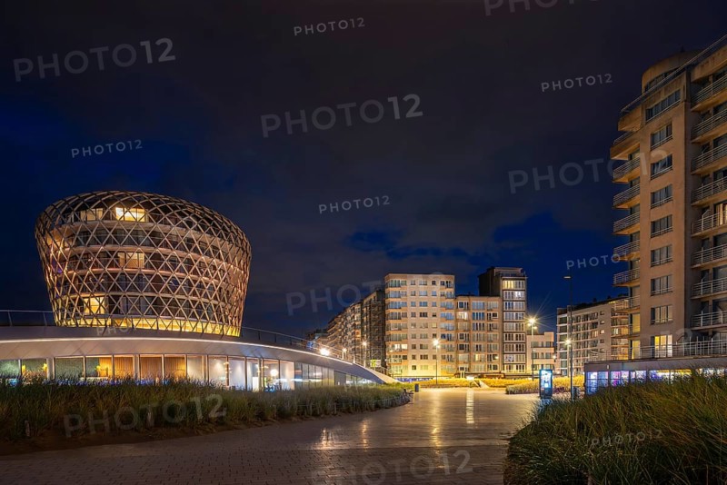 SILT venue housing casino, hotel and restaurant in seaside resort Middelkerke along the North Sea coast illuminated at night, West Flanders, Belgium, Europe