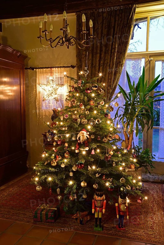 Europe, Germany, Christmas tree, Christmas tree in living room, Christmas, traditional tree decoration with baubles and lights, Hamburg, Hamburg, Federal Republic of Germany, Europe