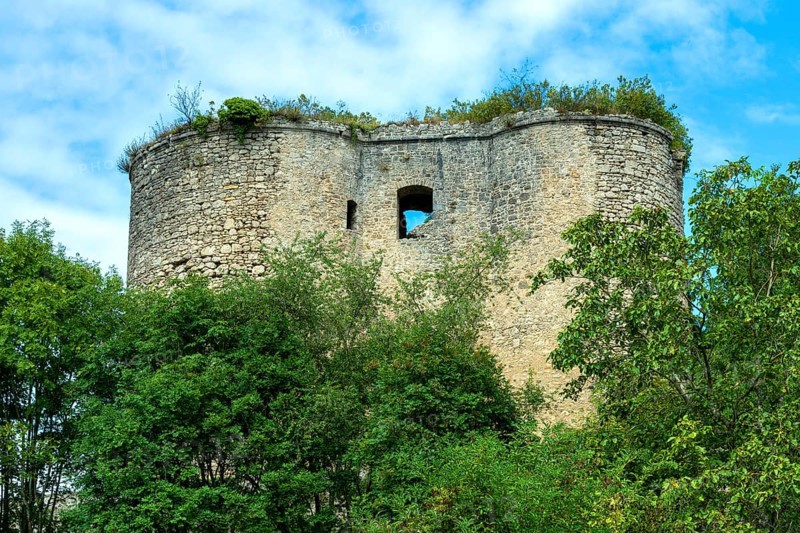 Medieval 13th century castle in Montaigu-le-Blin, showcasing impressive fortifications and surrounding greenery in Allier, Auvergne-Rhone-Alpes, France, Europe