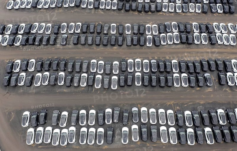 Aerial view of Tesla Y models produced in the Tesla Giga Factory, Grünheide, 28 01 2023