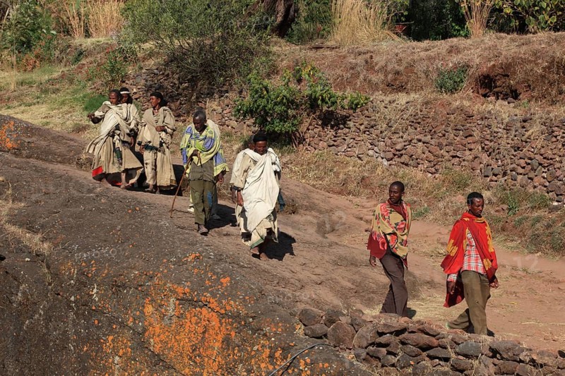 Rock churches in Lalibela, pilgrims on the way to the rock church of St George, Bete Kiddus Georiys, Bete Ghiorgis Church, Ethiopia, Africa