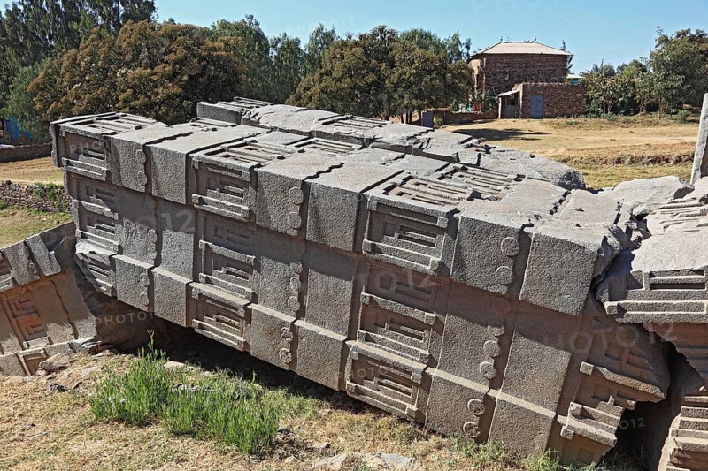 Tigray region, in the stelae park of Axum, Aksum, ancient cemetery of the Axumite kings, broken stele, Ethiopia, Africa