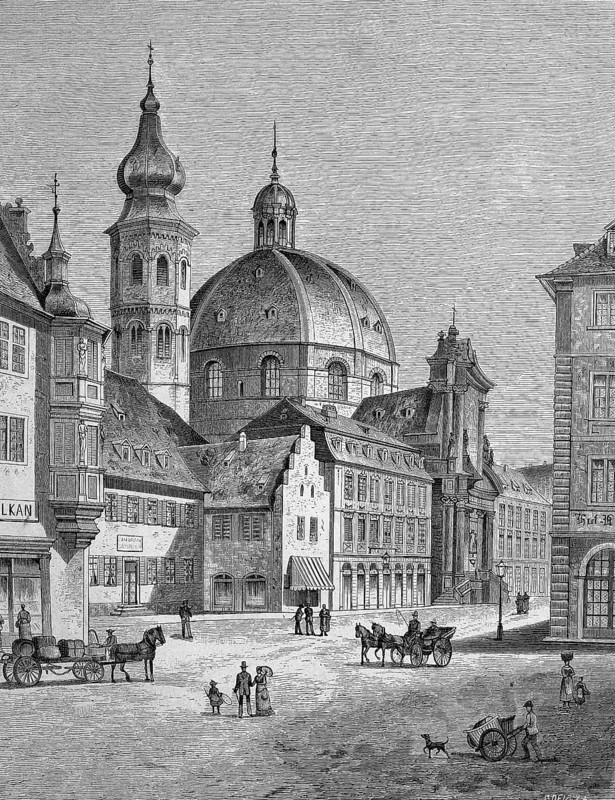 Stiftkirche Neumünster-Kirche in Würzburg, Bavaria, Germany, Historical, digitally restored reproduction from a 19th century original, around 1890, Record date not stated, Europe