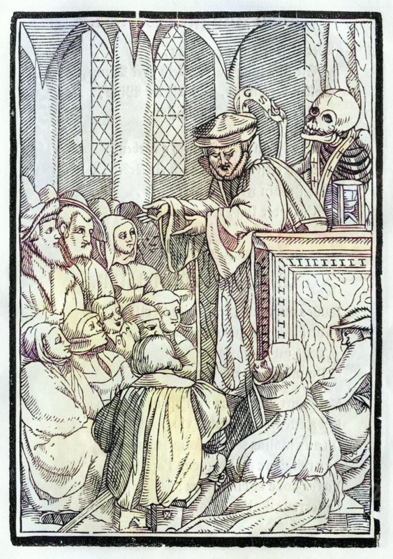 Der Tod holt den Prediger Holzschnitt von Georg Scharffenberg nach Hans Holbein d. J. Aus Der Todten Tanz, erschienen Basel 1843, Death comes for the Preacher Woodcut by Georg Scharffenberg after Hans Holbein the Younger From Der Todten Tanz or The Dance of Death published Basel 1843, Historisch, digital restaurierte Reproduktion von einer Vorlage aus dem 19. century, Record date not stated