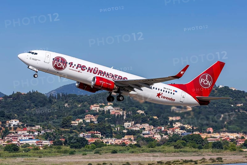 A Boeing 737-800 aircraft of Corendon Airlines with the registration 9H-CXA and the 1 FC Nuremberg special livery at Corfu Airport, Greece, Europe