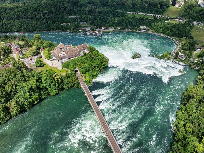 Aerial view of the Rhine Falls with railway viaduct and Laufen Castle, Neuhausen, Canton Schaffhausen, Switzerland, Europe