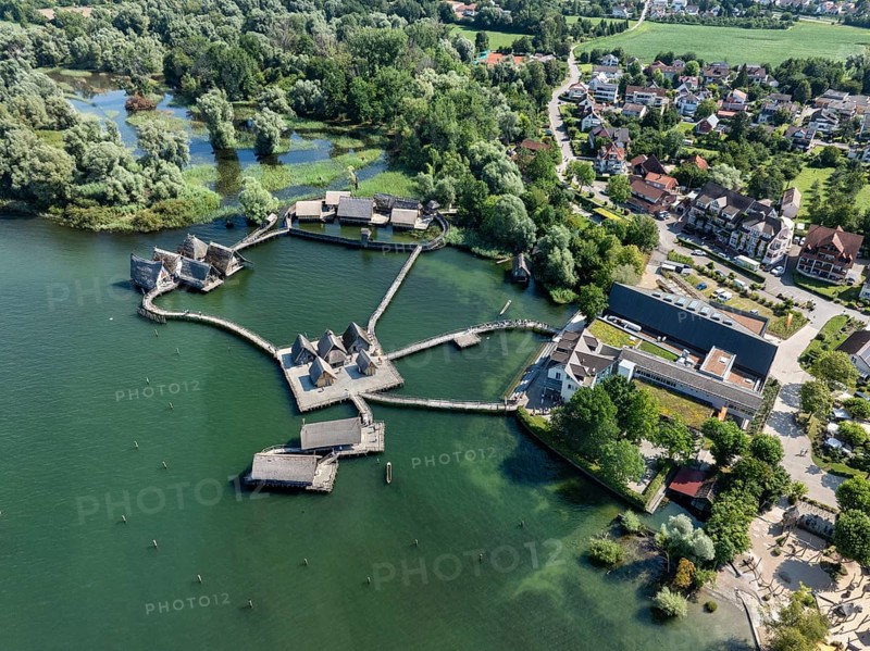 Aerial view of the pile dwellings, Lake Dwelling Museum, Open Air Museum Unteruhldingen, Uhldingen-Mühlhofen, Lake Constance, Lake Constance, Baden-Württemberg, Germany, Europe