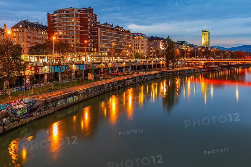 Illuminated Franz-Josefs Quay on the Danube Canal, evening mood, Vienna Austria