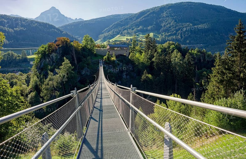 Suspension bridge at Matrei-Trautson Castle, Matrei am Brenner, Wipptal, Tyrol, Austria, Europe