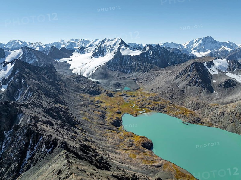 Mountain panorama, aerial view, 4000 metre peak with glacier, mountain pass and mountain lake Ala-Kul Lake, Tien Shan, Kyrgyzstan, Asia