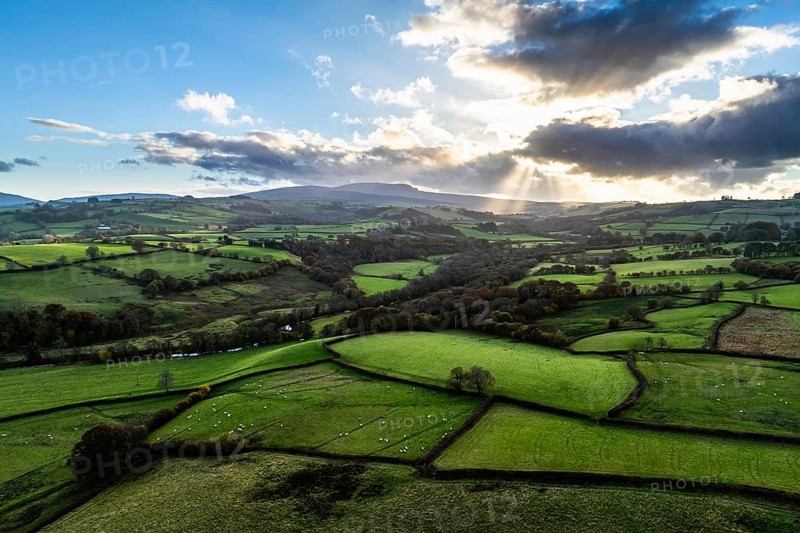 Farms over Trecastle from a drone at sunset, Brecon Beacons National Park, Powys, Wales, England, United Kingdom, Europe