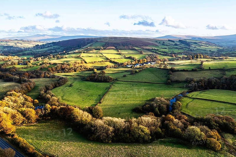 Farms over Trecastle from a drone at sunset, Brecon Beacons National Park, Powys, Wales, England, United Kingdom, Europe