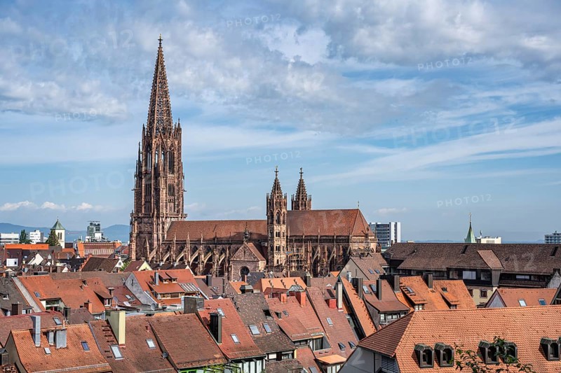 View over the roofs of the old town with Freiburg Minster, Freiburg im Breisgau, Baden-Württemberg, Germany, Europe