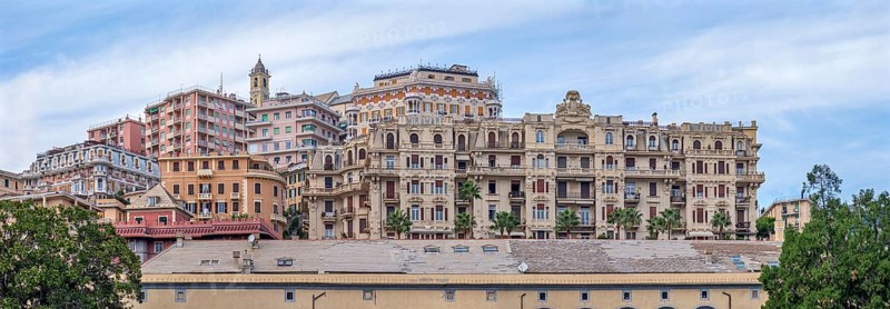 View from the Palazzo di Andrea Doria to the upper town of Genoa, on the right the former Grand Hotel Miramare, built in 1903, Piazza dei Principe, Genoa. Italy