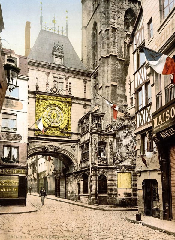 The great clock tower, Le Gros Horloge, a large astronomical clock from the 14th century, Rouen, Normandy, France, ca 1890, Historical, digitally restored reproduction from a 19th century original, Record date not stated, Europe