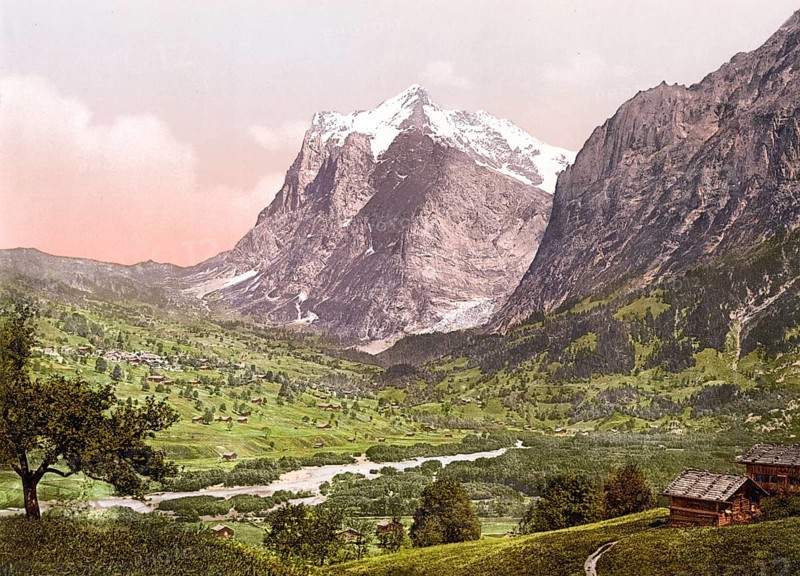 Grindelwald, general view, Wetterhorn, Bernese Oberland, Switzerland, Historic, digitally restored reproduction from a 19th century original, Record date not stated, general view, Bernese Oberland, Switzerland, Historic, digitally restored reproduction from a 19th century original, Record date not stated, Europe