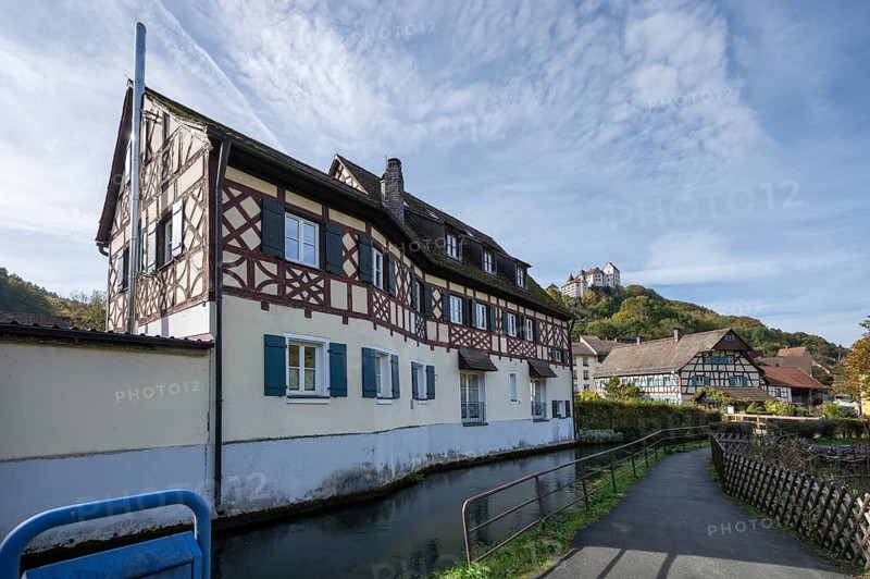 Historic half-timbered houses, above Egloffstein Castle, Upper Franconia, Bavaria, Germany, Europe