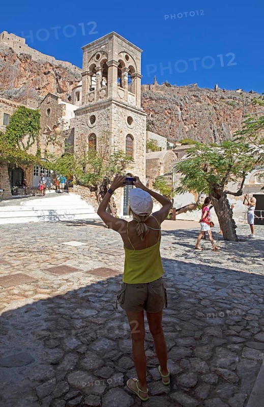 Main square of the lower town with the bell tower of the Byzantine Greek Orthodox Church of Christ Elkomenos, Monemvassia, Monemwassia, Monembasia, in the Myrtoan Sea, Laconia, Peloponnese, Greece, Europe