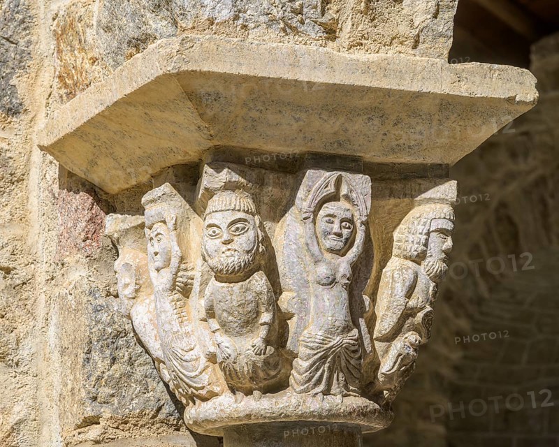 Capital with Salome figure from the cloister of Saint Martin du Canigou Abbey, Casteil, Département Pyrénées-Oriental, France, Europe