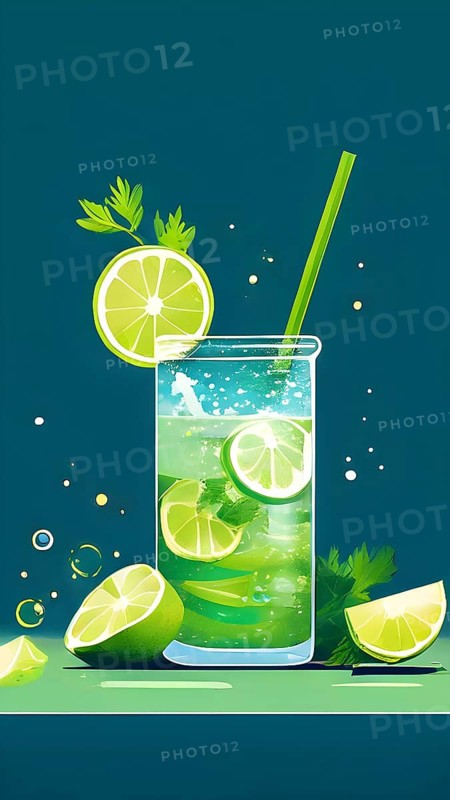 Abstract wallpaper composition with bottle of delicious green detox juice and fruits and vegetables, AI generated