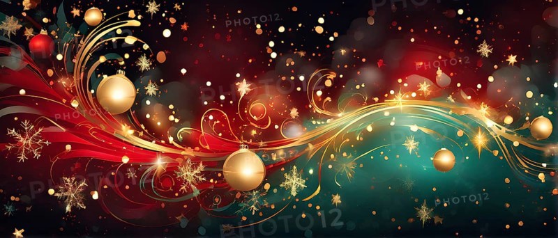 Abstract wallpaper illustration of Christmas symbols for gift cards, swirling shapes and lines, in red green and golden colors, AI generated