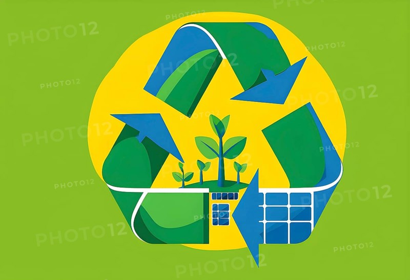 Recycling symbol morphing into growing plants and solar cells to symbolize the transformation of waste into renewable resources, AI generated