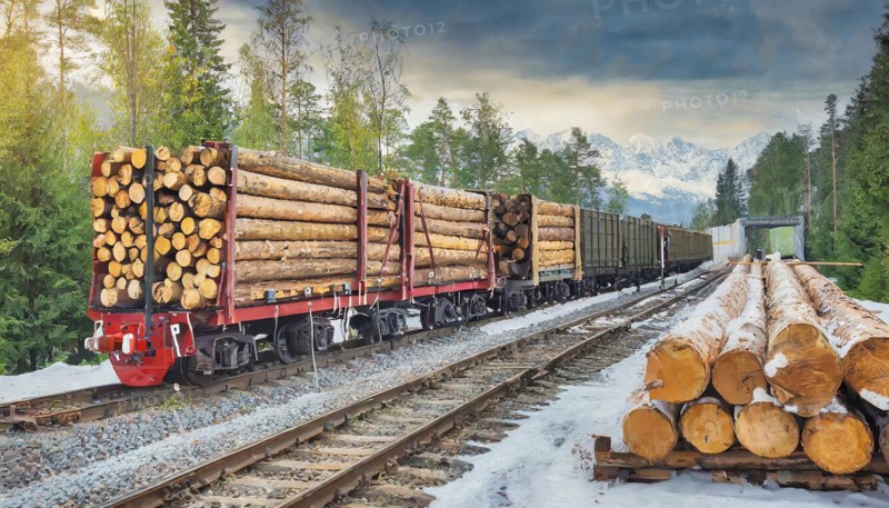 Forestry, timber industry, long goods train with goods wagons loaded with logs, AI generated, AI generated