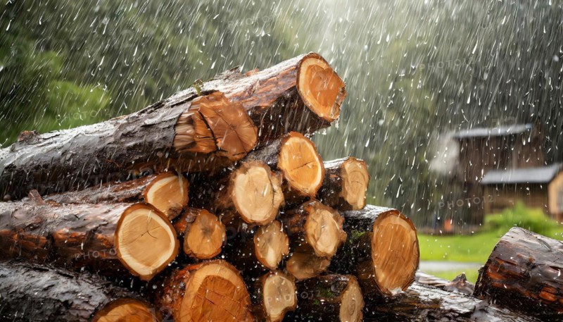 Forestry, timber industry, logs for firewood lying in the rain, AI generated, AI generated