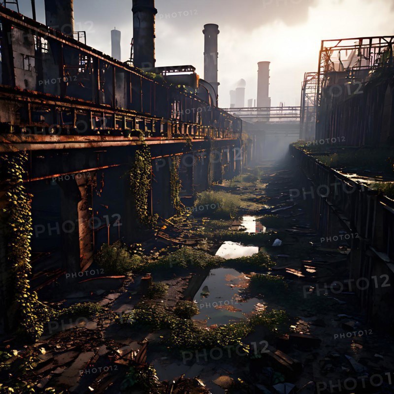 Abandoned factory vines embracing rusted skeletons of machinery whisper of bygone industrial era, AI generated
