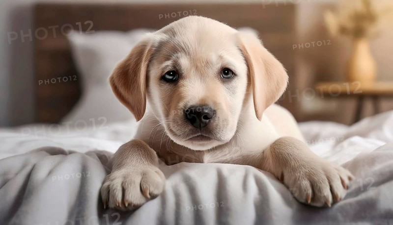 White Labrador Retriever (Canis lupus familiaris), cute puppy lying on bed in bedroom, dog breed, animal child, AI generated, AI generated