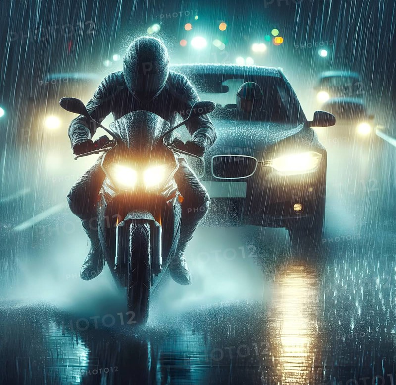 A motorcyclist rides in front of a car with headlights switched on in the rain in the dark, generated with AI, AI generated