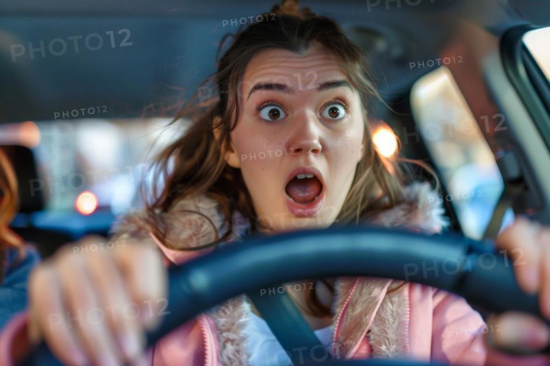 A young woman sits in a car and looks surprised, startled, symbolic image, distraction in road traffic, AI generated, AI generated, AI generated