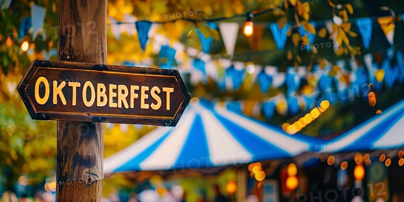 Banner with sign with text 'Oktoberfest' at traditional Bavarian German festival. Generative AI, AI generated