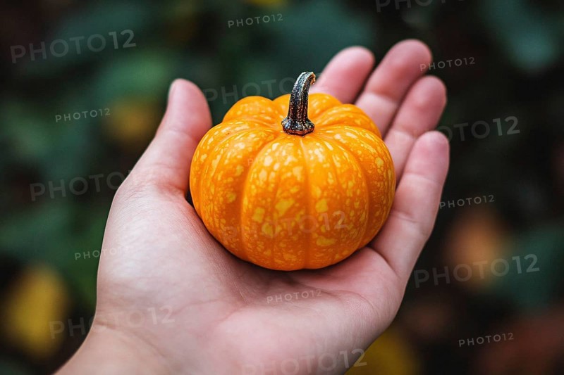 Hand holding small orange pumpkin. Genertaive Ai, AI generated