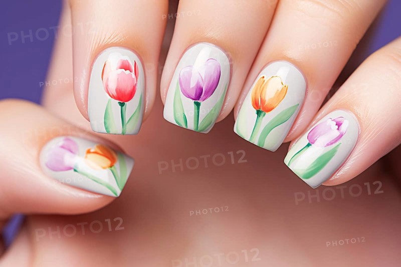 Nail art deisgn with colorful tulip spring flowers. KI generiert, generiert AI generated