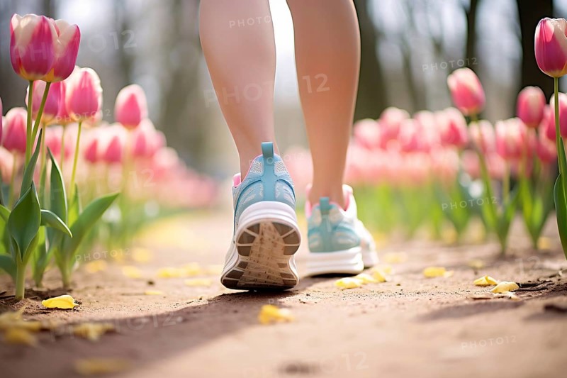 Woman's legs with sport sneakers running jogging through park with tulip spring flowers. KI generiert, generiert AI generated