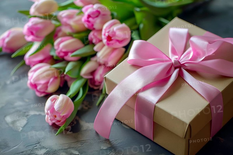 Gift Box with Pink Ribbon Beside bouquet of Fresh Tulips. Background for Valentine day, March 8, mother day, spring holidays, birthday, AI generated